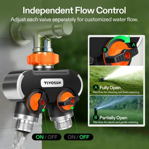 Vista 3 de VIVOSUN Divisor de manguera de jardín de 2 vías resistente, conector de manguera de agua de doble vía mejorado altamente duradero, adaptador