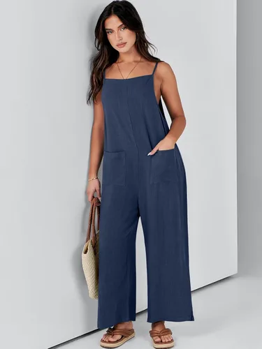Vista 6 de ANRABESS Overol de lino con bolsillos para mujer, estilo casual, suelto, largo, con pierna ancha