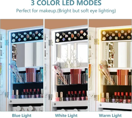 Vista 2 de Ylued Armario de joyería con espejo LED, organizador de joyas montado en la paredpuerta con espejo de longitud completa, espejo con cerradura