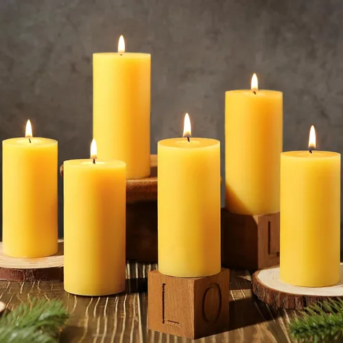 Vista 18 de Velas de pilar de cera de abeja natural, no tóxicas, 2 x 3 pulgadas, paquete de 6, 192 H de combustión larga Amarillo