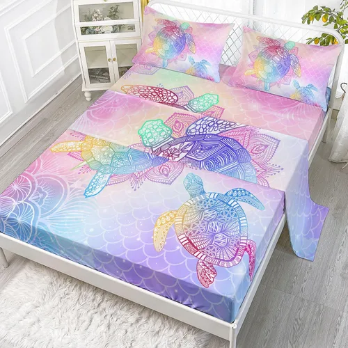 Vista 20 de Juego de sábanas de 4 piezas ajustadas y planas para niñas, estampado de mariposas y flores rosas con 1 + 2 fundas de almohada para cama individual
