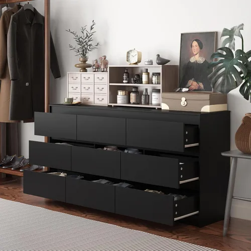 Vista 3 de Cómoda de 9 cajones para dormitorio con cajones profundos, cómodas grandes de piso de madera y cajoneras sin manijas, cómodas largas negras modernas