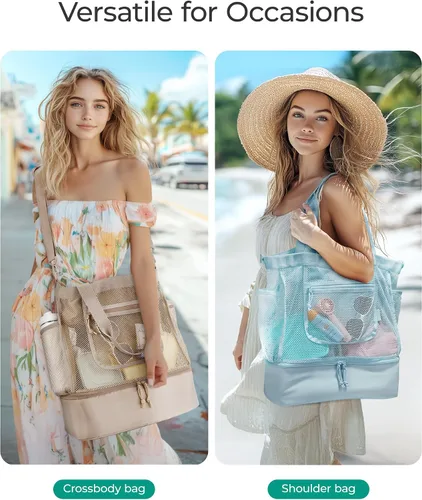 Vista 7 de BAGSMART Bolsa de playa para mujeres, bolsas de malla tipo tote con cremallera, esenciales de vacaciones a prueba de arena con enfriador