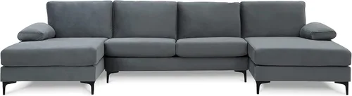 Vista 12 de Sofá modular moderno en forma de L, con diván extra ancho y patas doradas Gris