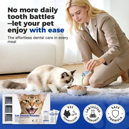 Vista 4 de Polvo dental para gatos, refresca el aliento, elimina la placa y el sarro, previene enfermedades de las encías, ingredientes totalmente naturales