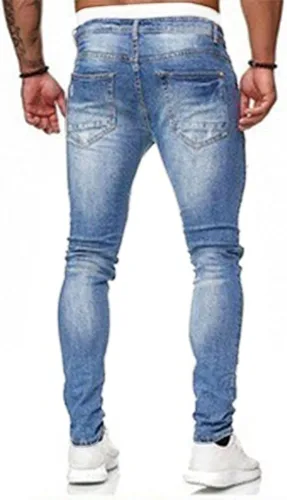 Vista 3 de HUNGSON Men's Blue Slim Fit Jeans Stretch Destroyed Ripped Skinny Jeans Side Striped Denim Pants