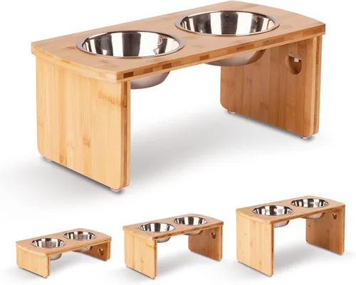 Vista 24 de Cuencos elevados para perros, cuenco elevado de bambú para perros y gatos pequeños, con 2 cuencos de acero inoxidable