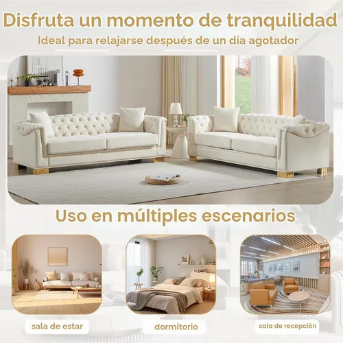 Vista 5 de Chesterfield - Juego de 2 sofás combinados de terciopelo de 3 plazas, 4 cojines clásicos de 6.5 pulgadas, brazo enrollado moderno adecuado para sala