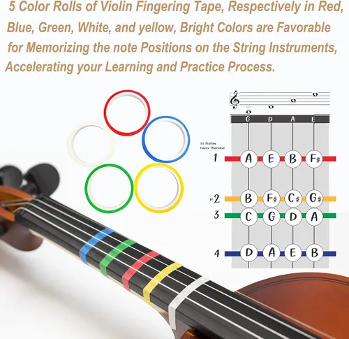 Vista 5 de CRAFTEEM 1/2 Conjunto de violín negro premium hecho a mano para principiantes, adultos y niños con cinta adhesiva para dedos de 5 colores - Violín