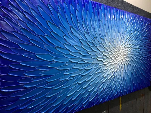 Vista 2 de AMEI Arte, 24 x 48 pulgadas, pintado a mano, obra de arte moderna con flores azules y blancas, pintura al óleo de madera en el interior enmarcado