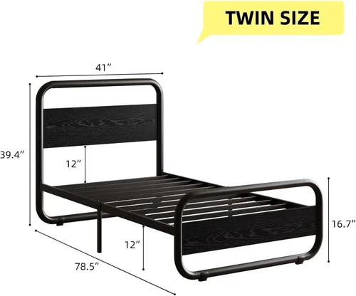 Vista 2 de Catrimown - Marco para cama individual con luces LED, marco de cama plataforma individual resistente de metal rústico con cabecera de madera