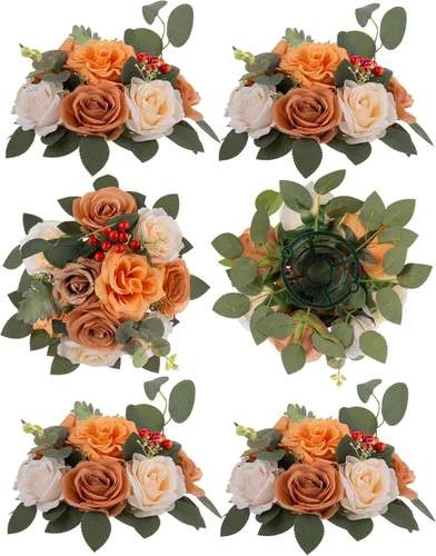 Vista 20 de BLOSMON - Centros de mesa de boda con rosas artificiales, 2 unidades, color borgoña 9.5 Inch Diameter, Red Faux Silk Bouquet with Base, Kissing