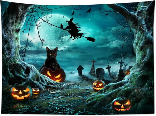 Vista 14 de LB Tapiz espeluznante de cementerio de Halloween, lápida aterradora con árboles muertos, tapiz de bosque para colgar en la pared, tapiz de fondo
