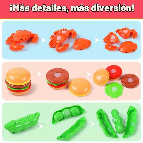 Vista 4 de HOLYFUN - Juego de juguetes de comida con cesta de la compra y frutas para cortar Includes toy pots, pans, plastic dishes and realistic food