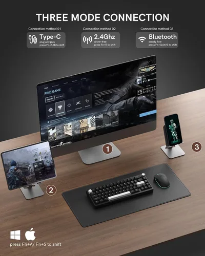 Vista 5 de Teclado mecánico inalámbrico Womier SK65 para juegos con perilla, teclado de aluminio del 60 por ciento para PC, Bluetooth 5.0/2.4GHz/USB-C