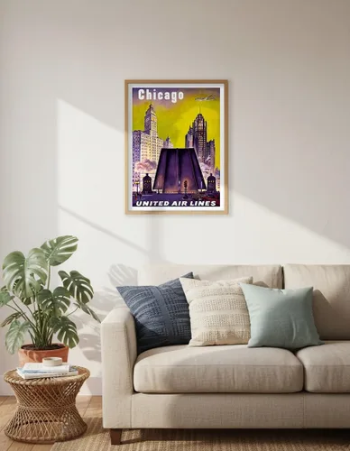Vista 6 de Chicago USA - The Tribune Tower Wrigley Building and Michigan Avenue Bridge - United Air Lines - Vintage Airline Travel Poster c.1950s - Master Art