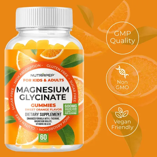 Vista 5 de NutraPep Gomitas de glicinato de magnesio para niños y adultos, mujeres y hombres, sin azúcar, sin gluten, sin OMG, vegano, suplemento masticable