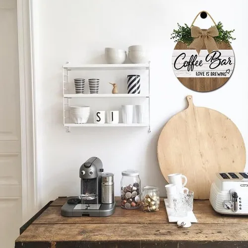 Vista 2 de Cartel de café con texto en inglés «Love Is Brewing» para cafetería, letrero de madera rústica de 11 pulgadas para decoración de pared de cafetería