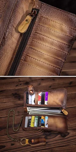 Vista 7 de Le'aokuu Organizador de billetera plegable de cuero genuino para hombre con cadena de hierro, 1088 Tigre Oro, M, Cartera plegable