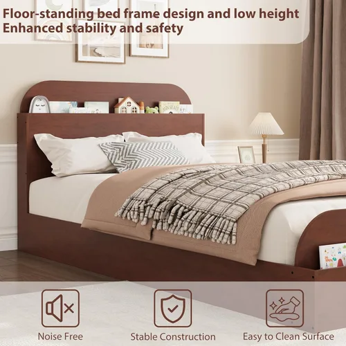 Vista 5 de Estructura de cama Garvee tamaño individual con cabecero y estribo – Cama de plataforma baja para niños, diseño de piso doble de madera, sin ruido