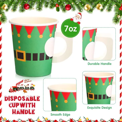 Vista 3 de Maxcheck Vasos de Papel Navideños 7oz Desechables de Navidad con Asas Santa Muñeco de Nieve Elfo Vasos de Té Café Chocolate Caliente Accesorios