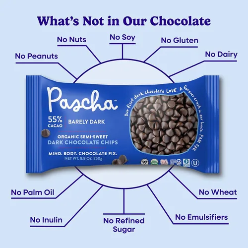Vista 4 de Pascha Chips de chocolate negro semidulce orgánico con 55% de cacao, chips para hornear a granel, chocolate vegano suave para hornear, sin alérgenos