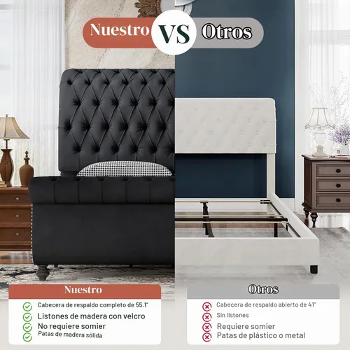 Vista 5 de Jocisland - Base de cama estilo carruaje tamaño Queen, cama de plataforma tapizada en terciopelo con cabecero y pie de cama con estampado de scroll