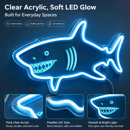 Vista 4 de Letrero de neón de tiburón con sensor de movimiento, letrero de neón LED azul hielo con 3 modos regulables, tablero acrílico decoración de tiburón