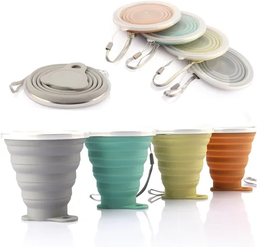 Vista 9 de ME.FAN Taza de viaje plegable de silicona - Taza de camping plegable con tapas de silicona - Juego de tazas de beber expandibles - Portátil
