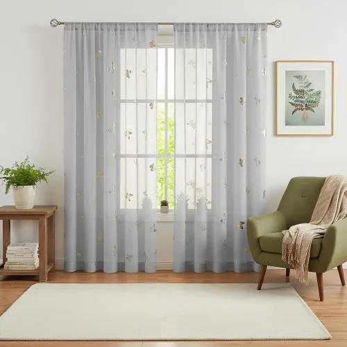 Vista 22 de Jubilantex Paneles de cortinas transparentes de mariposas negras y doradas de 52 pulgadas de ancho para dormitorio de niñas, elegantes cortinas