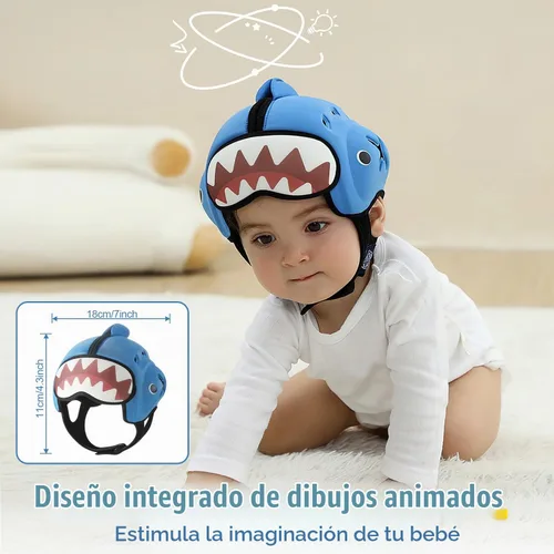 Vista 6 de Casco protector de cabeza de bebé, protector de cabeza de bebé transpirable para gatear y caminar, casco suave para bebés, anticolisión Tiburón