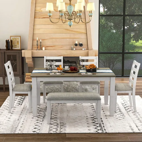 Vista 9 de Harper & Bright Designs Juego de mesa de comedor de granja de 6 piezas con banco, mesa de comedor de madera con 4 sillas y un banco para cocina