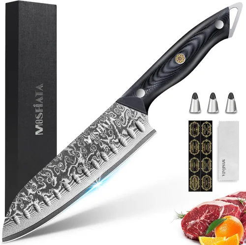 Vista 11 de MOSFiATA Juego de cuchillos de chef profesional de Damasco, 3 piezas, cuchillo de chef de 8 pulgadas, cuchillo Santoku de 7 pulgadas y cuchillo