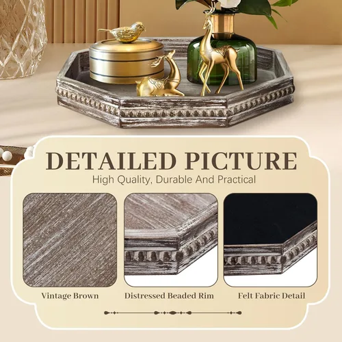 Vista 6 de Bandeja decorativa de madera, bandeja de servir pequeña con cuentas de madera, bandeja grande de estilo granja para otomano, encimera, mesa de café