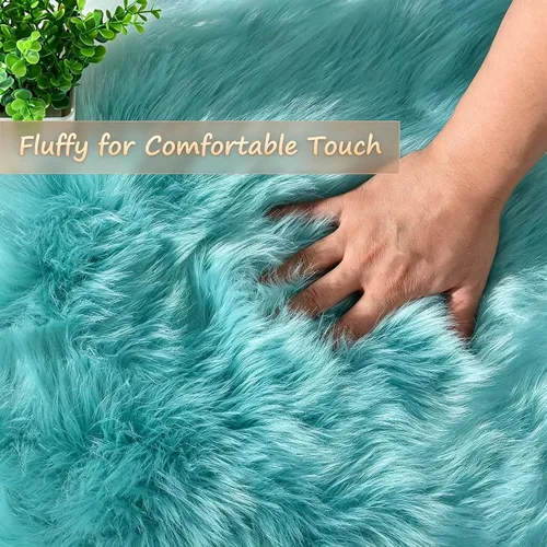 Vista 2 de Faux Fur Sheepskin Rug 2x6 ft, Fluffy Area Rug for Bedroom Living Room Aqua