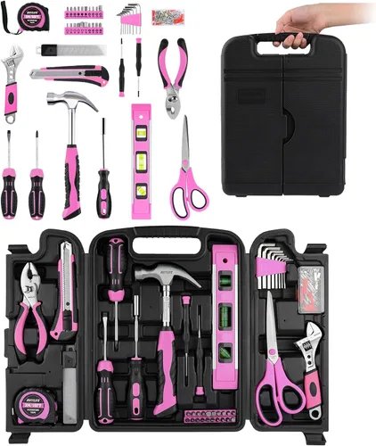 Vista 2 de Juego de herramientas rosadas, 131 piezas, color rosa, para mujeres, kit de herramientas manuales para el hogar con caja de herramientas de plástico