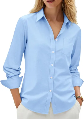 Vista 15 de siliteelon Camisas con botones para mujer, camisa Oxford de algodón, camisa de vestir de manga larga, blusas de trabajo con bolsillo