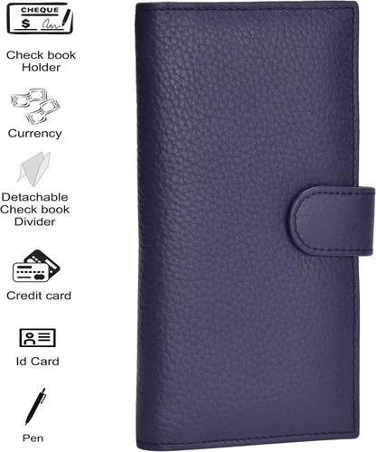 Vista 5 de Carteras de cuero con RFID y bolsillo de chequera para mujer, soporte duplicado de cheques tarjetas y bolígrafos