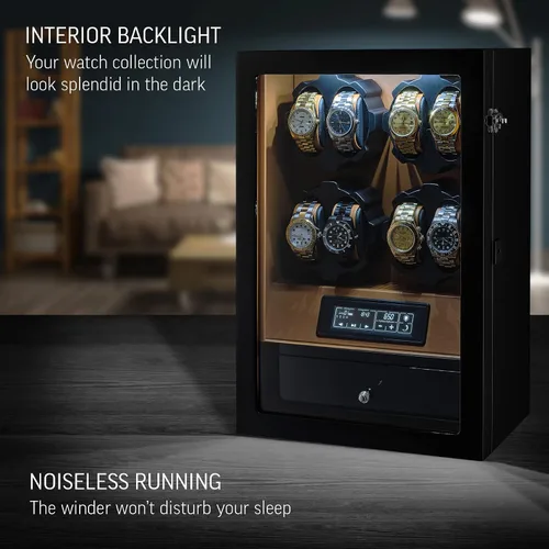 Vista 3 de Enrollador de 8 relojes con retroiluminación LED y 5 cajones de almacenamiento de relojes