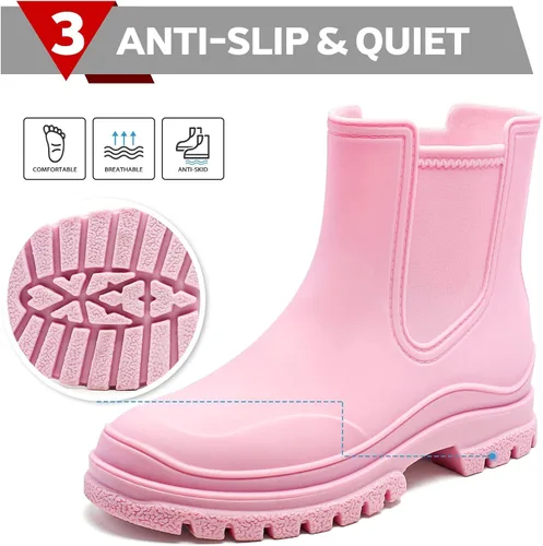 Vista 4 de Hsttgsr Botas de lluvia para mujer, cómodos botines elásticos para adultos, botas Chelsea de tacón medio a la moda, impermeables, antideslizantes