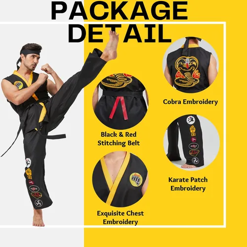 Vista 7 de Disfraz de karate para hombre, de lujo, talla grande, conjunto de uniforme de karate Gi de Halloween, con diadema de cinturón negro, unisex