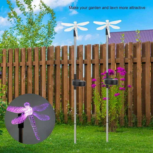 Vista 5 de Paquete de 2 luces solares de jardín al aire libre, impermeable, luz LED que cambia de color, libélula solar para paisaje, luz de estaca