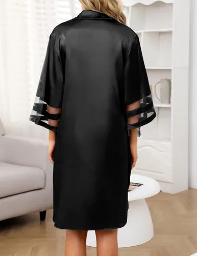 Vista 7 de Camisón de satén para mujer, con botones, manga 34, ropa de dormir de seda con bolsillo