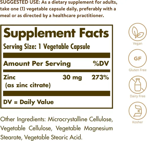 Vista 2 de Solgar Cápsulas vegetales de citrato de zinc, 100 unidades, sin OGM, sin gluten y kosher, apoya la salud del sistema inmunitario, piel y ojos