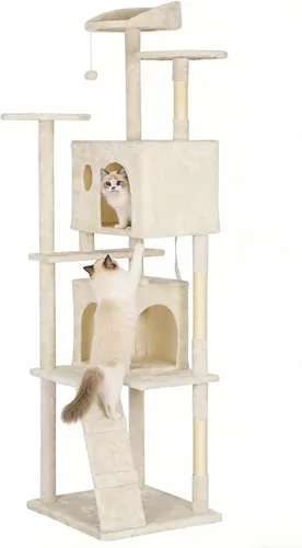 Vista 23 de BestPet Torre para Gatos de 36" Beige Torre Resistente para Gatos de Múltiples Niveles con Casita de Felpa, Percha Acogedora, Postes