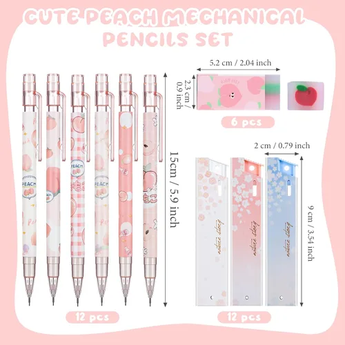 Vista 2 de Breling - Juego de 30 lápices mecánicos Kawaii Peach de regalo, 12 lápices mecánicos japoneses, 6 lindos borradores de melocotón, 12 tubos