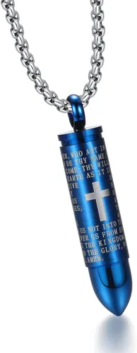 Vista 13 de Collar de acero inoxidable con forma de urna para cenizas con dije en forma de bala, oración del padrenuestro, collar para hombres, urna para Cadena