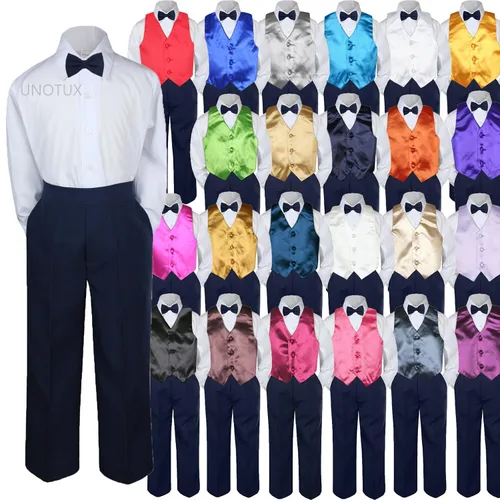 Vista 2 de Conjunto de 4 piezas de chaleco mostaza para bebé, pantalones marrones, corbatín, Azul marinoChampán