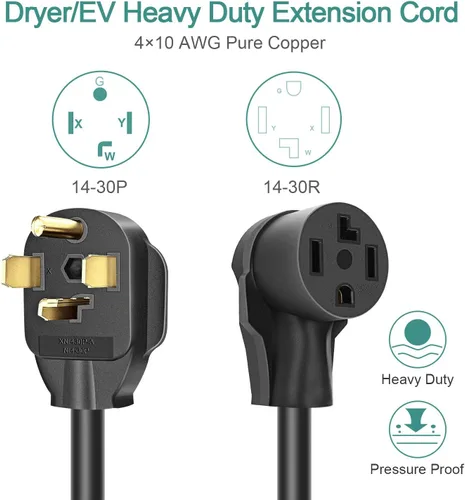 Vista 2 de Rophor Cable de extensión para secadora de 4 puntas, 30 amperios NEMA 14-30P a 14-30R cable de extensión para extensión de alimentación de secadora