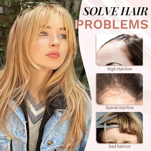 Vista 2 de Flequillo con clip, 100% cabello humano real, 3 clips de seguridad, flequillo francés, flequillo falso natural y sin costuras para mujer, rubio